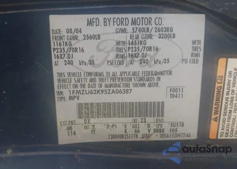 2005 Ford Explorer Xlt/Xlt Sport z USA, uszkodzony, nr VIN 1FMZU63K95ZA06387